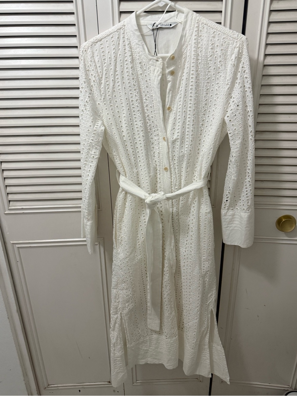 White Eyelet Button-Front Belted Dress